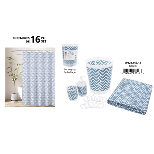 Bath Set 16 Pc - Denim - Waste Bin - 12 Hooks - Lotion Dispenser & Tumbler
