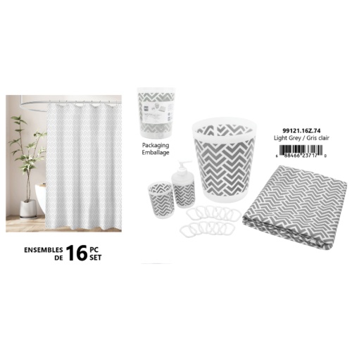 Bath Set 16 Pc - Grey - Waste Bin - 12 Hooks - Lotion Dispenser & Tumbler