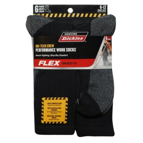 Men's Performance Work Socks 6pk. Black Dri-tech Crew Dickies