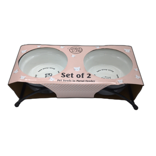 Set Of 2 Pet Bowls In Metal Feeder Here Kitty Winifred & Lily